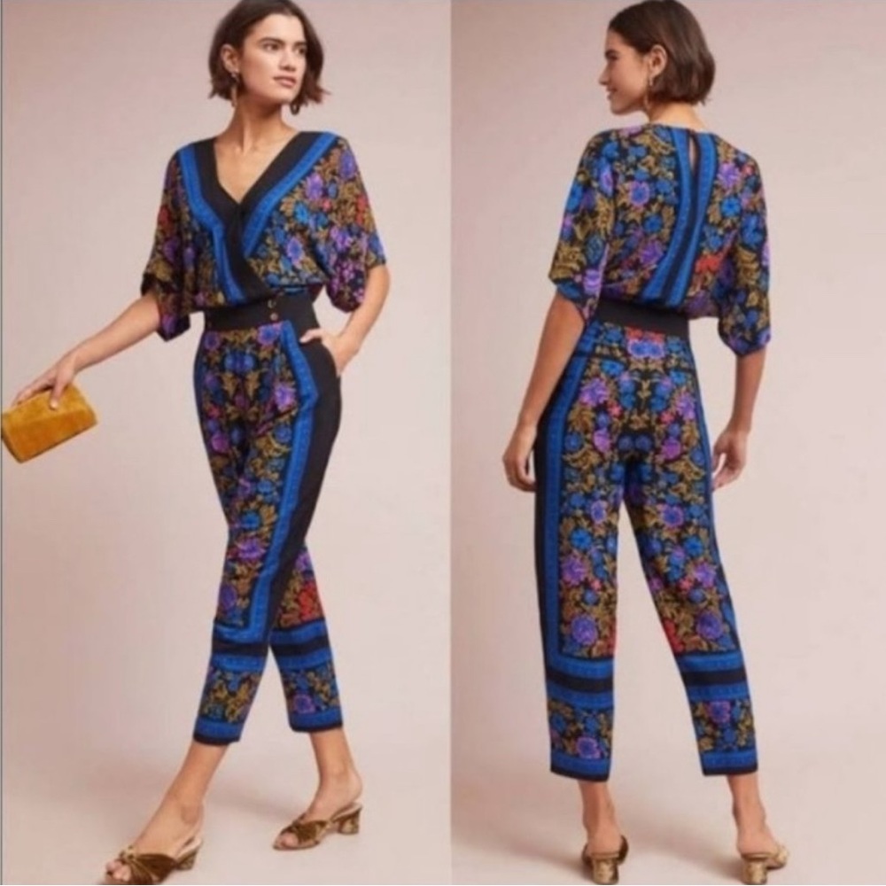 Anthropologie ett:twa Scarf Printed Jumpsuit Blue Black Pink Multi Size 2 NWT